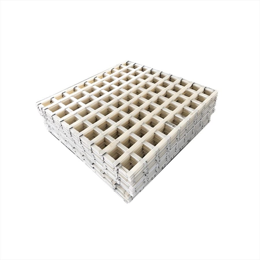 Studio photo of a stack of white flocculation grid modules