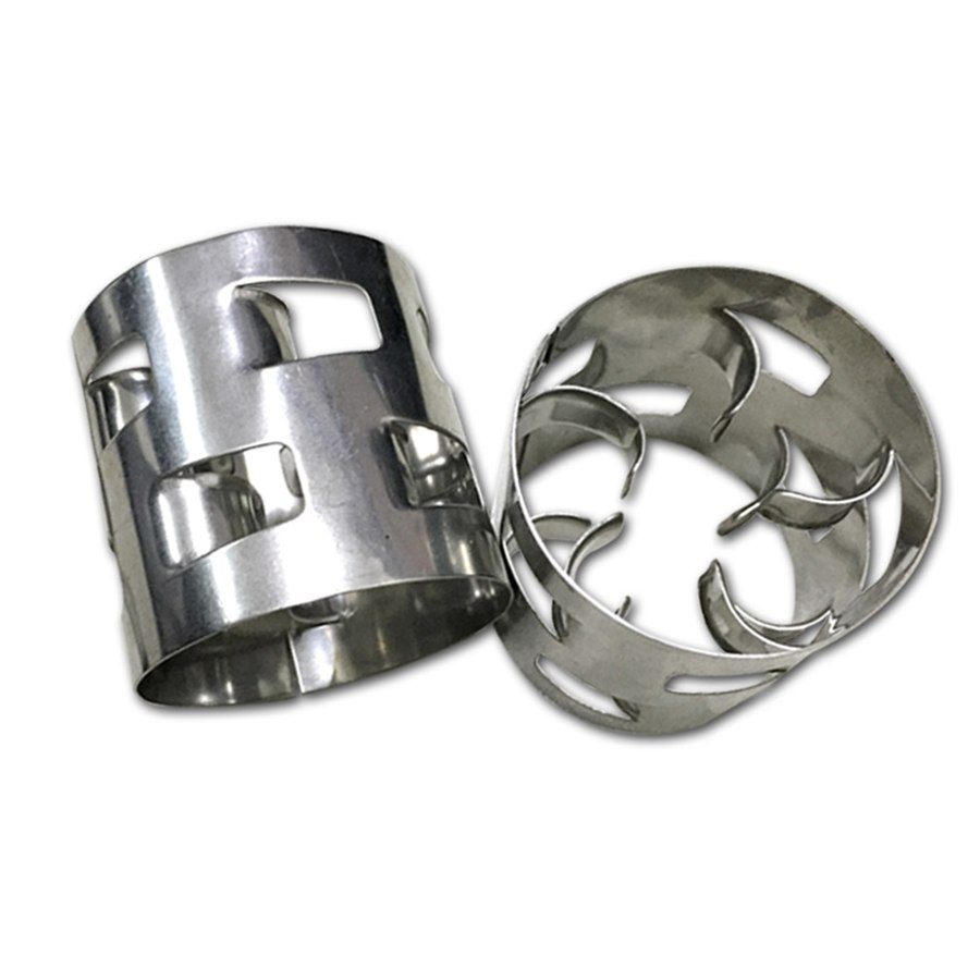 Two polished stainless steel Pall rings, one large and one small, side by side