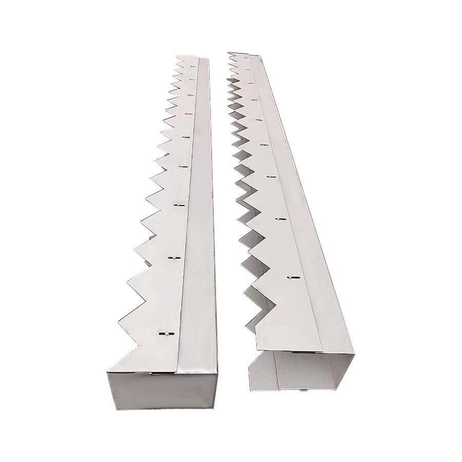 Single stainless steel collection trough with a V-notch weir plate and stiffeners